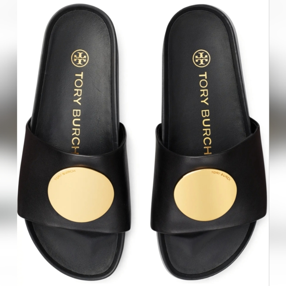Tory Burch Patos Gold Tone Medallion Leather Slide Sandals Black 6